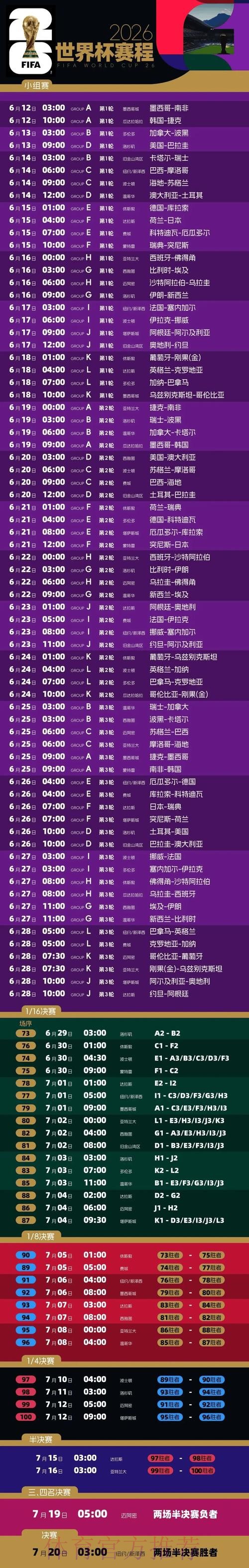 2026世界杯每日赛程完整版比赛时间表免费观看 2026世界杯每日赛程完整版比赛时间表免费观看